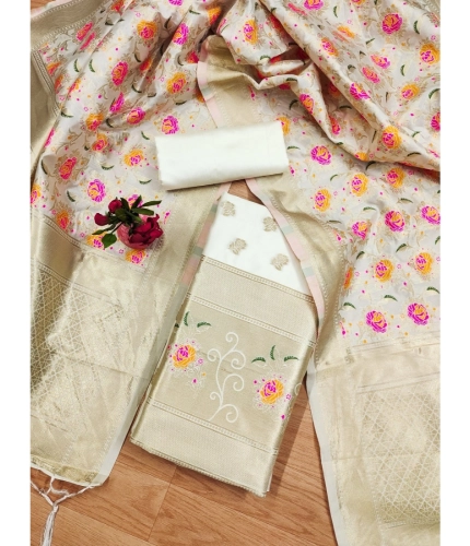 Women's Banarasi Silk Printed Unstitched Salwar Suit Material With Dupatta (White, 3Mtrs)