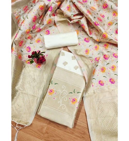 Women's Banarasi Silk Printed Unstitched Salwar Suit Material With Dupatta (White, 3Mtrs)