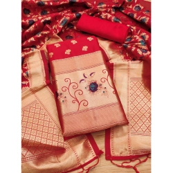 Women's Banarasi Silk Printed Unstitched Salwar Suit Material With Dupatta (Red, 3Mtrs)