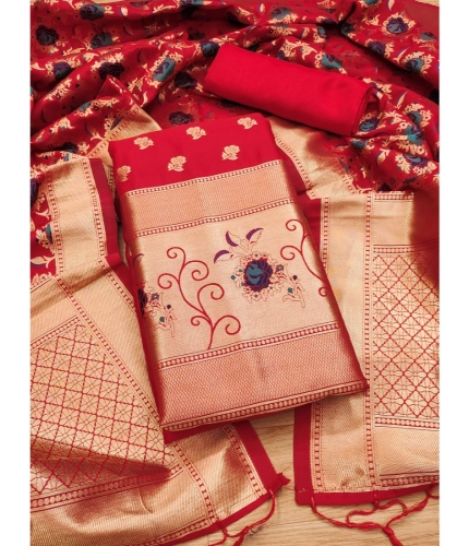 Women's Banarasi Silk Printed Unstitched Salwar Suit Material With Dupatta (Red, 3Mtrs)