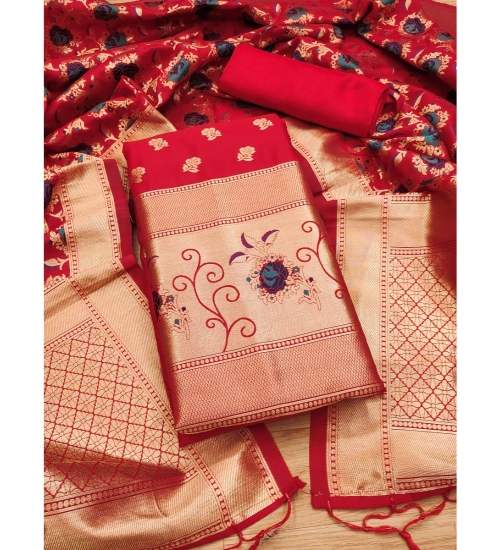 Women's Banarasi Silk Printed Unstitched Salwar Suit Material With Dupatta (Red, 3Mtrs)