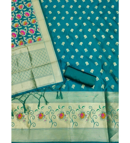 Women's Banarasi Silk Printed Unstitched Salwar Suit Material With Dupatta (Rama, 3Mtrs)