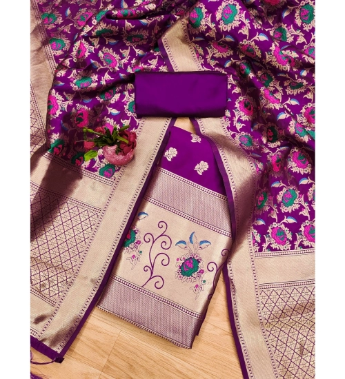 Women's Banarasi Silk Printed Unstitched Salwar Suit Material With Dupatta (Purple, 3Mtrs)