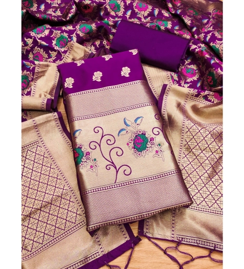 Women's Banarasi Silk Printed Unstitched Salwar Suit Material With Dupatta (Purple, 3Mtrs)
