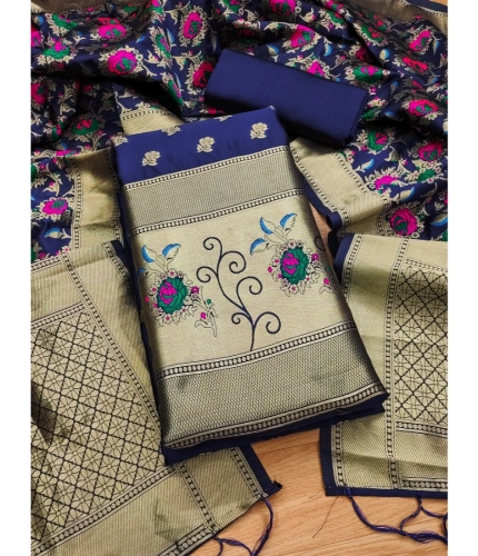 Women's Banarasi Silk Printed Unstitched Salwar Suit Material With Dupatta (Navy Blue, 3Mtrs) Women's Banarasi Silk Printed Unstitched Salwar Suit Material With Dupatta (Navy Blue, 3Mtrs)