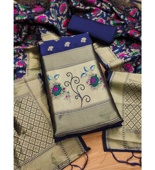 Women's Banarasi Silk Printed Unstitched Salwar Suit Material With Dupatta (Navy Blue, 3Mtrs)