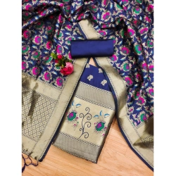 Women's Banarasi Silk Printed Unstitched Salwar Suit Material With Dupatta (Navy Blue, 3Mtrs)