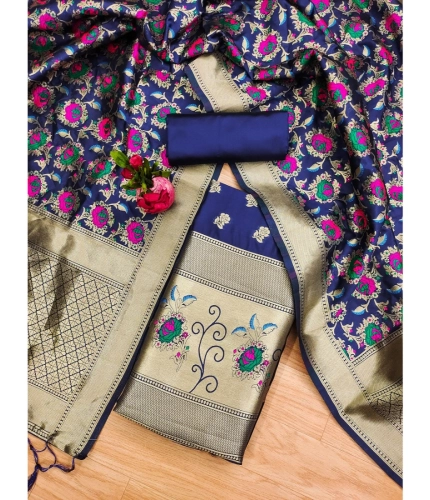 Women's Banarasi Silk Printed Unstitched Salwar Suit Material With Dupatta (Navy Blue, 3Mtrs)