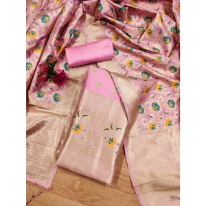 Generic Women's Banarasi Silk Printed Unstitched Salwar Suit Material With Dupatta (Pink, 3Mtrs)