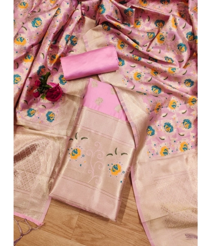 Women's Banarasi Silk Printed Unstitched Salwar Suit Material With Dupatta (Pink, 3Mtrs)
