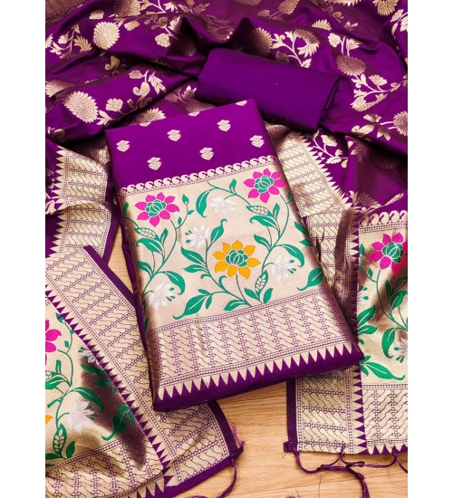 Women's Banarasi Silk Printed Unstitched Salwar Suit Material With Dupatta (Purple, 3Mtrs)