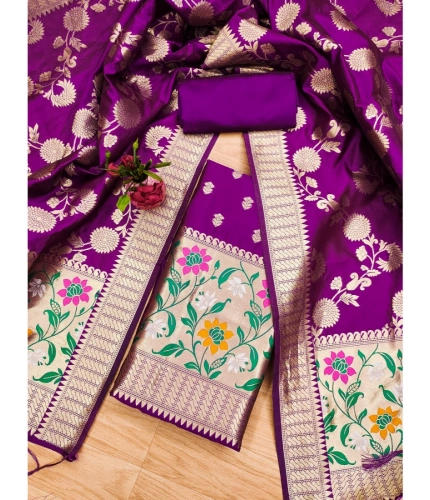 Women's Banarasi Silk Printed Unstitched Salwar Suit Material With Dupatta (Purple, 3Mtrs)