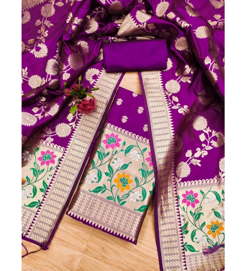 Women's Banarasi Silk Printed Unstitched Salwar Suit Material With Dupatta (Purple, 3Mtrs)