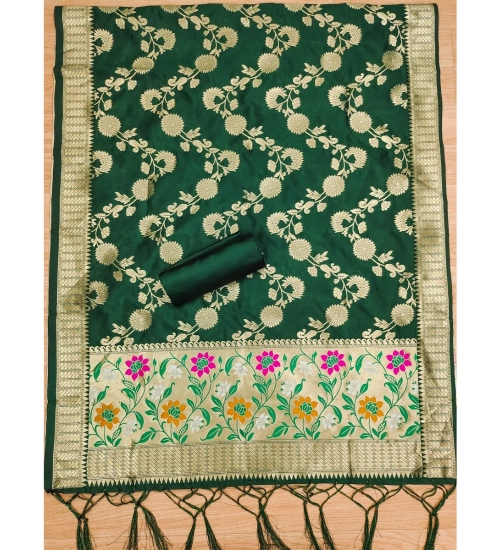 Women's Banarasi Silk Printed Unstitched Salwar Suit Material With Dupatta (Green, 3Mtrs)