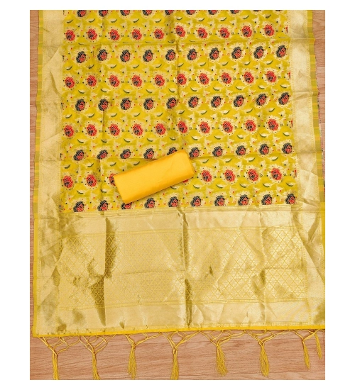 Women's Banarasi Silk Printed Unstitched Salwar Suit Material With Dupatta (Yellow, 3Mtrs)