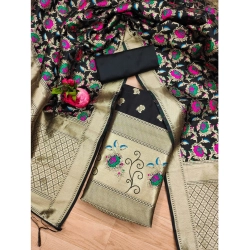 Women's Banarasi Silk Printed Unstitched Salwar Suit Material With Dupatta (Black, 3Mtrs)