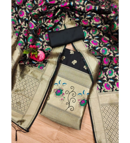 Women's Banarasi Silk Printed Unstitched Salwar Suit Material With Dupatta (Black, 3Mtrs)