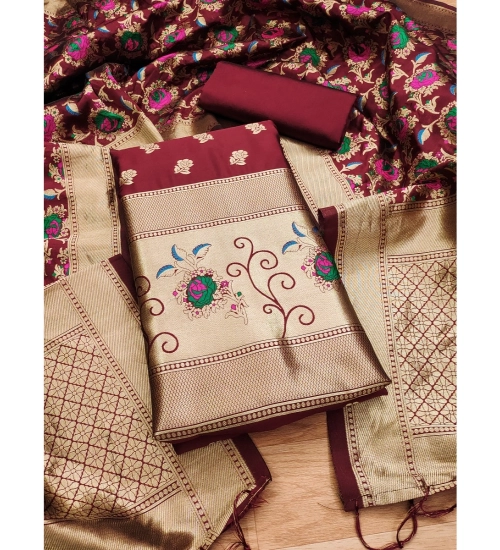 Women's Banarasi Silk Printed Unstitched Salwar Suit Material With Dupatta (Maroon, 3Mtrs)