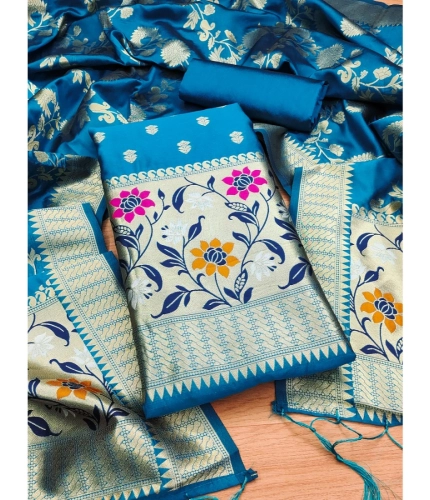 Women's Banarasi Silk Printed Unstitched Salwar Suit Material With Dupatta (Blue, 3Mtrs)