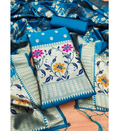 Women's Banarasi Silk Printed Unstitched Salwar Suit Material With Dupatta (Blue, 3Mtrs)