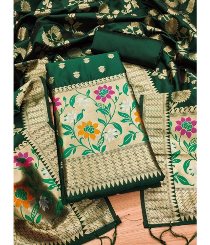 Women's Banarasi Silk Printed Unstitched Salwar Suit Material With Dupatta (Green, 3Mtrs)