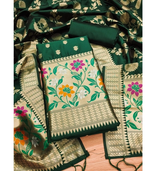 Women's Banarasi Silk Printed Unstitched Salwar Suit Material With Dupatta (Green, 3Mtrs)