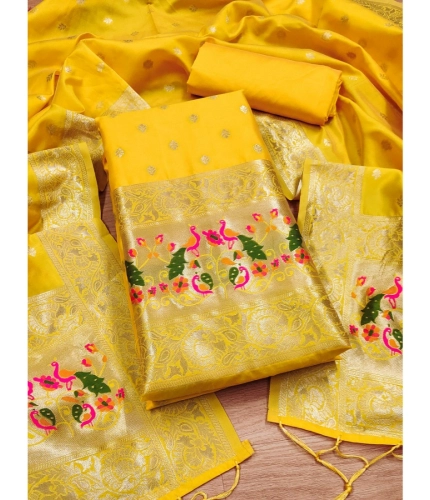 Women's Banarasi Silk Printed Unstitched Salwar Suit Material With Dupatta (Yellow, 3Mtrs)
