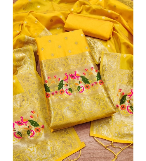 Women's Banarasi Silk Printed Unstitched Salwar Suit Material With Dupatta (Yellow, 3Mtrs)