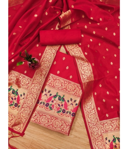 Women's Banarasi Silk Printed Unstitched Salwar Suit Material With Dupatta (Red, 3Mtrs)