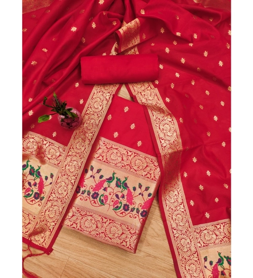 Women's Banarasi Silk Printed Unstitched Salwar Suit Material With Dupatta (Red, 3Mtrs)