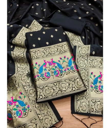 Women's Banarasi Silk Printed Unstitched Salwar Suit Material With Dupatta (Black, 3Mtrs)