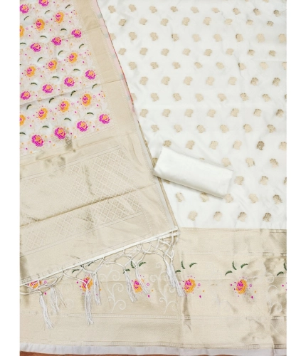 Women's Banarasi Silk Printed Unstitched Salwar Suit Material With Dupatta (White, 3Mtrs)