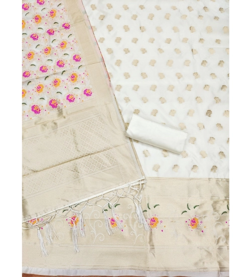Women's Banarasi Silk Printed Unstitched Salwar Suit Material With Dupatta (White, 3Mtrs)