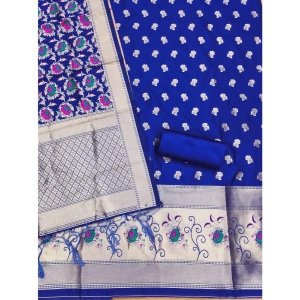 Generic Women's Banarasi Silk Printed Unstitched Salwar Suit Material With Dupatta (Rblue, 3Mtrs)
