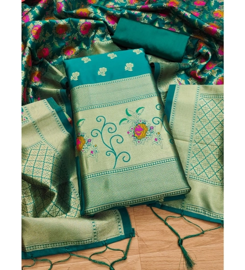 Women's Banarasi Silk Printed Unstitched Salwar Suit Material With Dupatta (Rama, 3Mtrs)