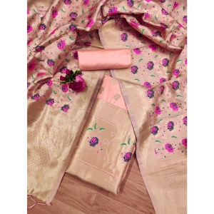 Generic Women's Banarasi Silk Printed Unstitched Salwar Suit Material With Dupatta (Peach, 3Mtrs)
