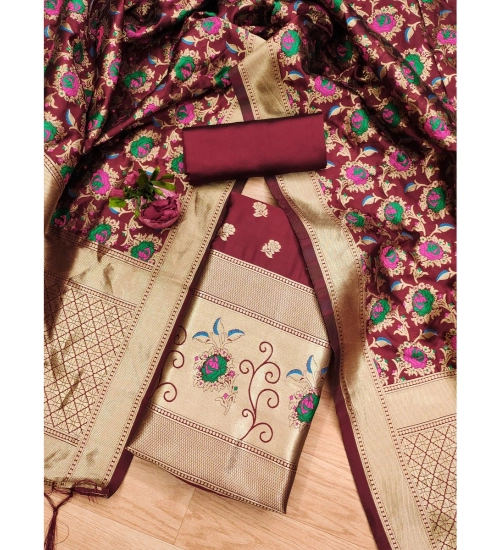 Women's Banarasi Silk Printed Unstitched Salwar Suit Material With Dupatta (Maroon, 3Mtrs)