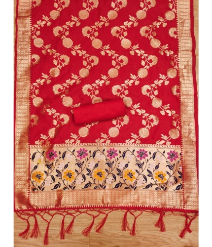 Women's Banarasi Silk Printed Unstitched Salwar Suit Material With Dupatta (Red, 3Mtrs)