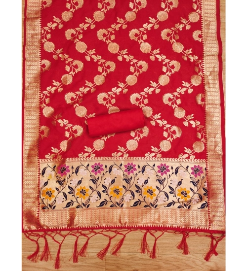 Women's Banarasi Silk Printed Unstitched Salwar Suit Material With Dupatta (Red, 3Mtrs)