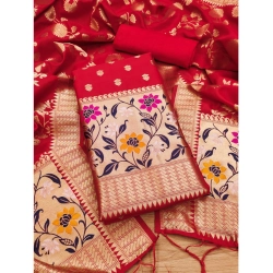 Women's Banarasi Silk Printed Unstitched Salwar Suit Material With Dupatta (Red, 3Mtrs)