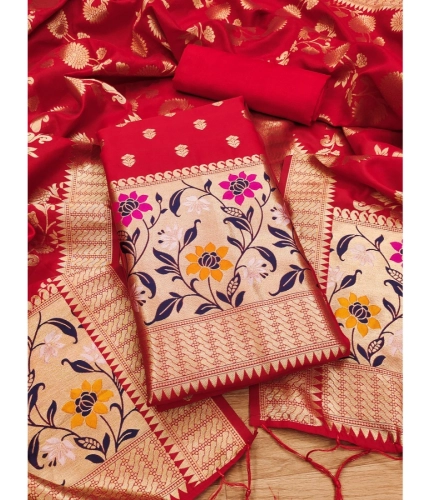 Women's Banarasi Silk Printed Unstitched Salwar Suit Material With Dupatta (Red, 3Mtrs)