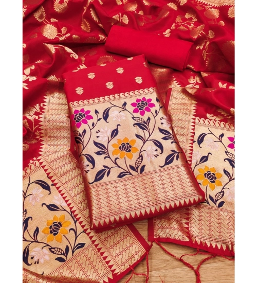 Women's Banarasi Silk Printed Unstitched Salwar Suit Material With Dupatta (Red, 3Mtrs)