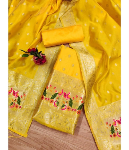 Women's Banarasi Silk Printed Unstitched Salwar Suit Material With Dupatta (Yellow, 3Mtrs)