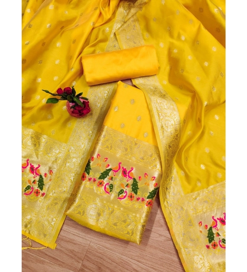 Women's Banarasi Silk Printed Unstitched Salwar Suit Material With Dupatta (Yellow, 3Mtrs)