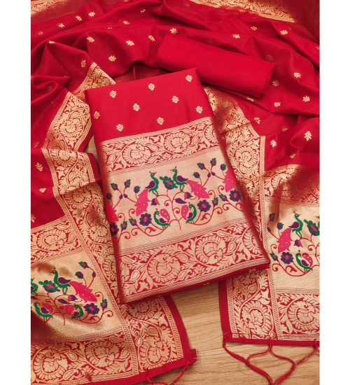 Women's Banarasi Silk Printed Unstitched Salwar Suit Material With Dupatta (Red, 3Mtrs)