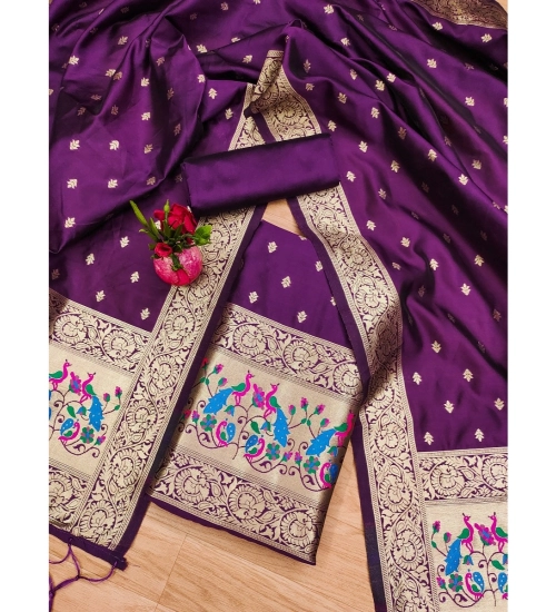 Women's Banarasi Silk Printed Unstitched Salwar Suit Material With Dupatta (Purple, 3Mtrs)