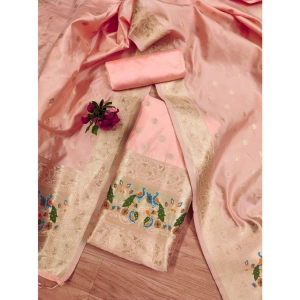 Generic Women's Banarasi Silk Printed Unstitched Salwar Suit Material With Dupatta (Peach, 3Mtrs)