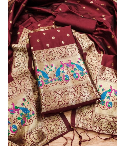 Women's Banarasi Silk Printed Unstitched Salwar Suit Material With Dupatta (Maroon, 3Mtrs)
