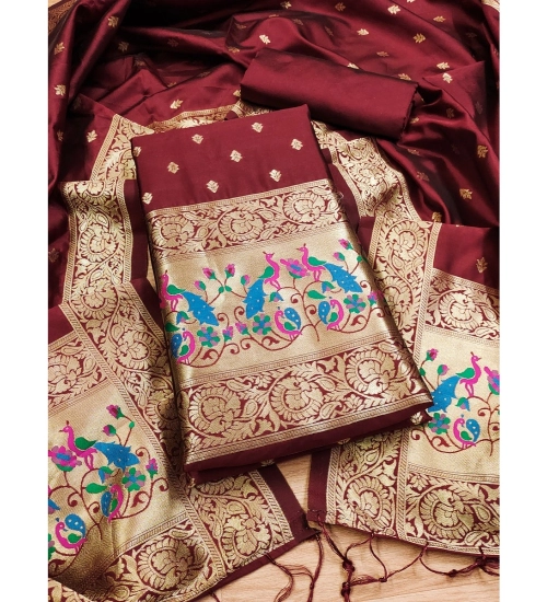 Women's Banarasi Silk Printed Unstitched Salwar Suit Material With Dupatta (Maroon, 3Mtrs)