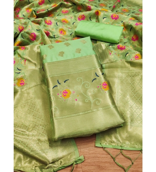 Women's Banarasi Silk Printed Unstitched Salwar Suit Material With Dupatta (Pista, 3Mtrs)